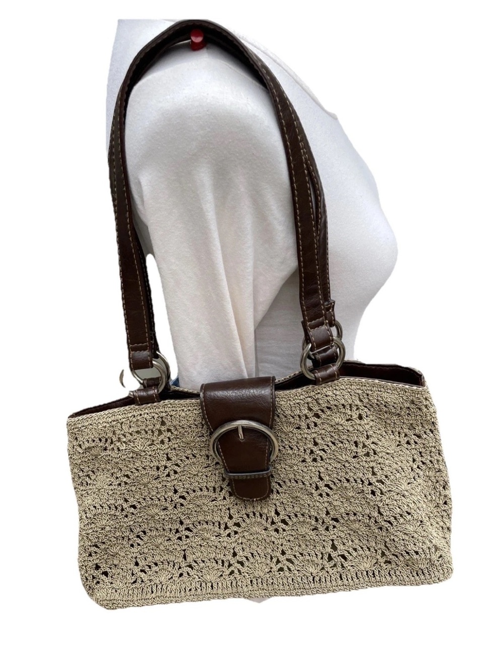 Woven Crochet Shoulder Bag with Brown Leather Trim